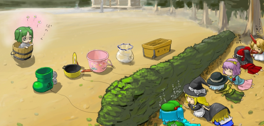 +_+, 6+girls, alice_margatroid, bad_id, bad_pixiv_id, blonde_hair, box, bucket, donation_box, female_focus, female_pervert, flower, futsuu, hakurei_reimu, highres, horns, hoshiguma_yuugi, in_bucket, in_container, kawashiro_nitori, kirisame_marisa, kisume, komeiji_koishi, komeiji_satori, kuribo's_shoe, long_image, mario_(series), multiple_girls, nintendo, parody, pervert, pot, single_horn, sparkle, super_mario_bros._1, super_mario_bros._3, touhou, translated, two_side_up, vase, when_you_see_it, wide_image