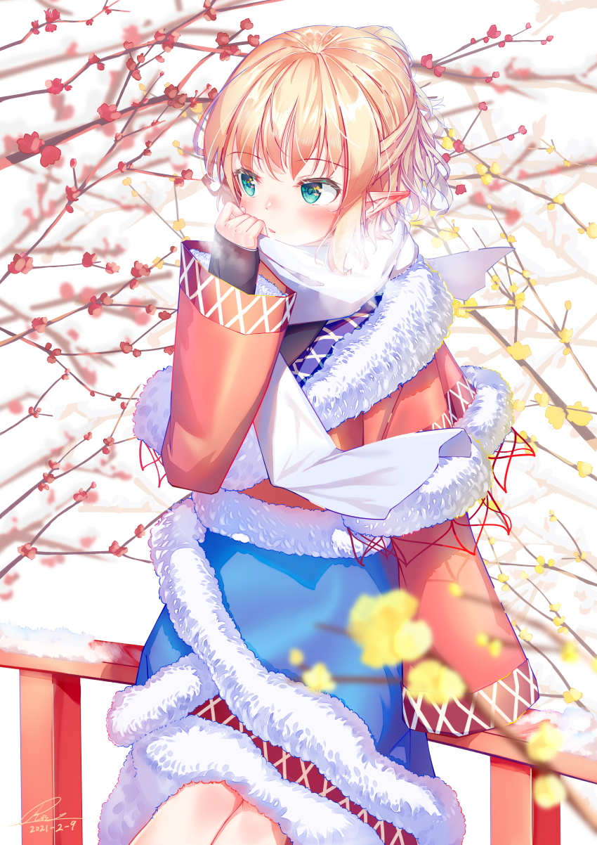 1girl, absurdres, adapted_costume, adjusting_scarf, black_shirt, blonde_hair, blush, breath