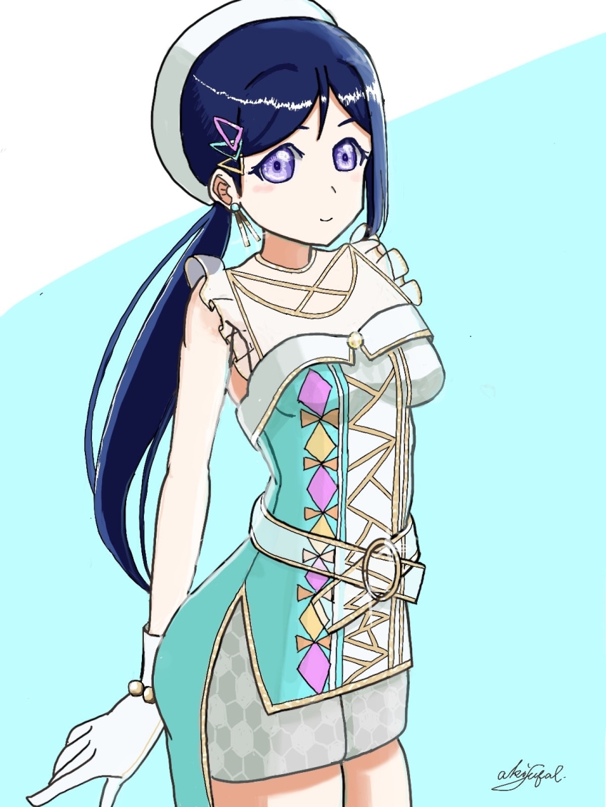 1girl, akiya_subaru, alternate_hairstyle, amazing_travel_dna, artist_name, artist_request, bare_shoulders, belt, belt_buckle, blue_hair, blush, bracelet, breasts, buckle, cleavage, collarbone, dress, earrings, female_focus, frilled_dress, frills, gloves, hair_between_eyes, hair_ornament, hairclip, hat, highres, honeycomb_(pattern), honeycomb_print, jewelry, long_hair, looking_at_viewer, love_live!, love_live!_school_idol_festival, love_live!_sunshine!!, matsuura_kanan, necklace, parted_lips, pearl_bracelet, ponytail, purple_eyes, short_shorts, shorts, small_breasts, smile, solo, triangle_hair_ornament, white_belt, white_dress, white_gloves, white_hat, white_shorts