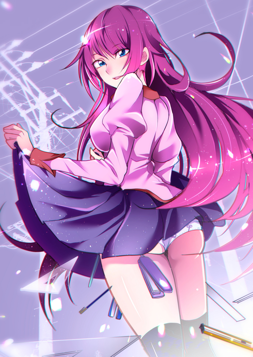 1girl, absurdres, ass, bakemonogatari, black_socks, blue_eyes, blurry, blurry_foreground