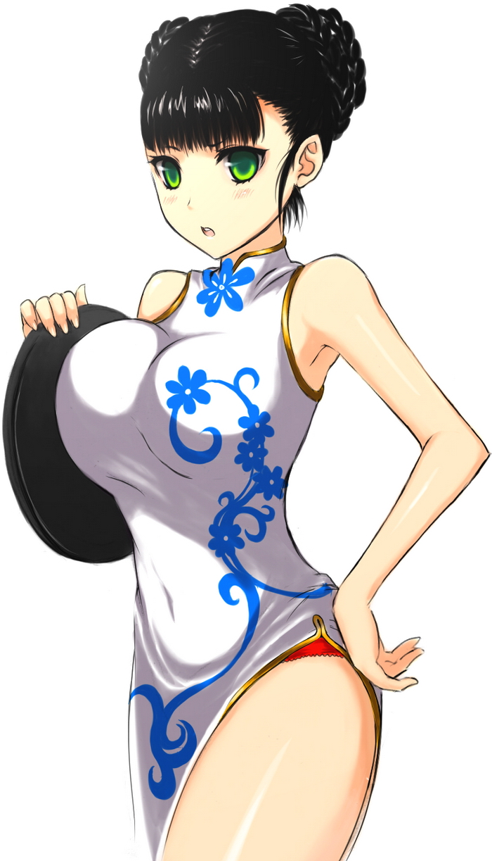 1girl, bad_id, bad_pixiv_id, bare_shoulders, black_hair, breast_press, breasts, china_dress