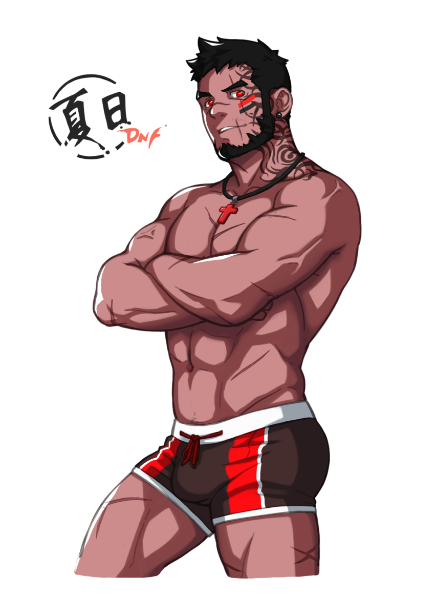 1boy, abs, avenger_(dungeon_and_fighter), bara, black_hair, black_male_underwear, boxers, bulge, cropped_legs, cross, cross_necklace, crossed_arms, dark-skinned_male, dark_skin, facial_scar, highres, jewelry, koji_(wildlhz), legs_apart, male_focus, male_priest_(dungeon_and_fighter), male_underwear, mature_male, muscular, muscular_male, navel, navel_hair, neck_tattoo, necklace, nipples, original, pectorals, priest_(dungeon_and_fighter), red_eyes, scar, scar_on_cheek, scar_on_face, short_hair, sidepec, solo, stomach, tattoo, thighs, topless_male, underwear