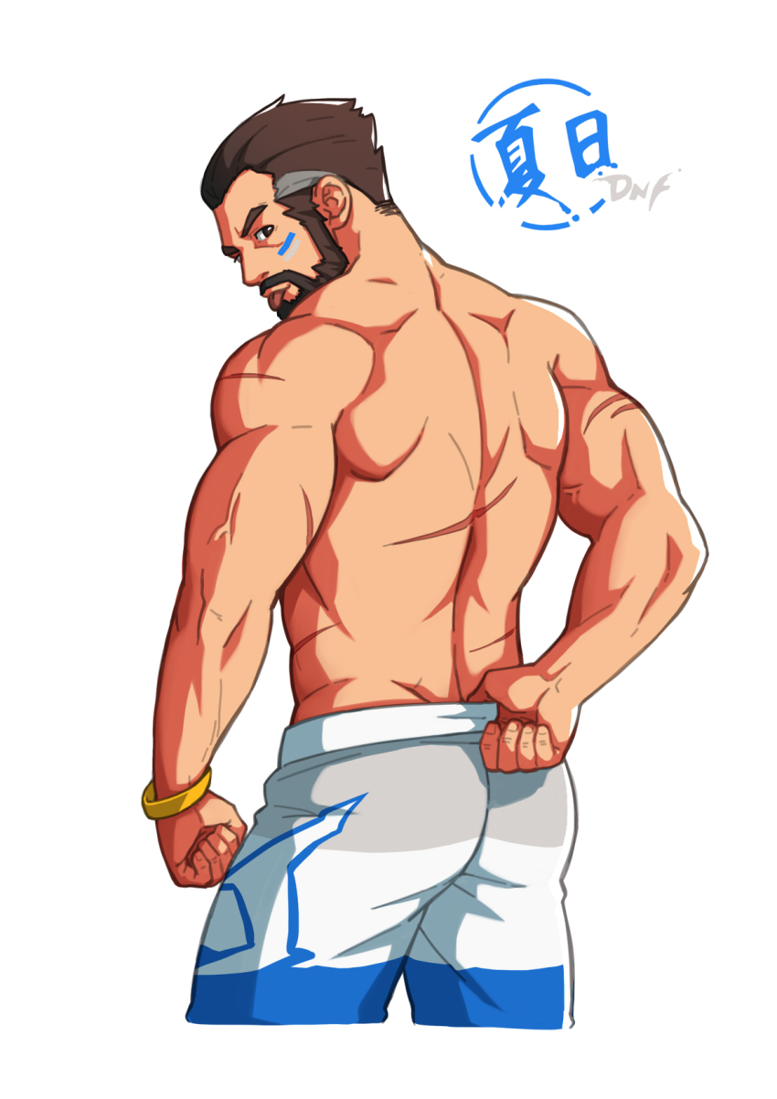 1boy, abs, ass, bara, beard, blue_shorts, bulge, facial_hair, from_behind, highres, koji_(wildlhz), male_focus, male_priest_(dungeon_and_fighter), mature_male, monk_(dungeon_and_fighter), muscular, muscular_male, navel, navel_hair, nipples, original, pectorals, priest_(dungeon_and_fighter), short_hair, shorts, sidepec, solo, stomach, thighs, topless_male, veins