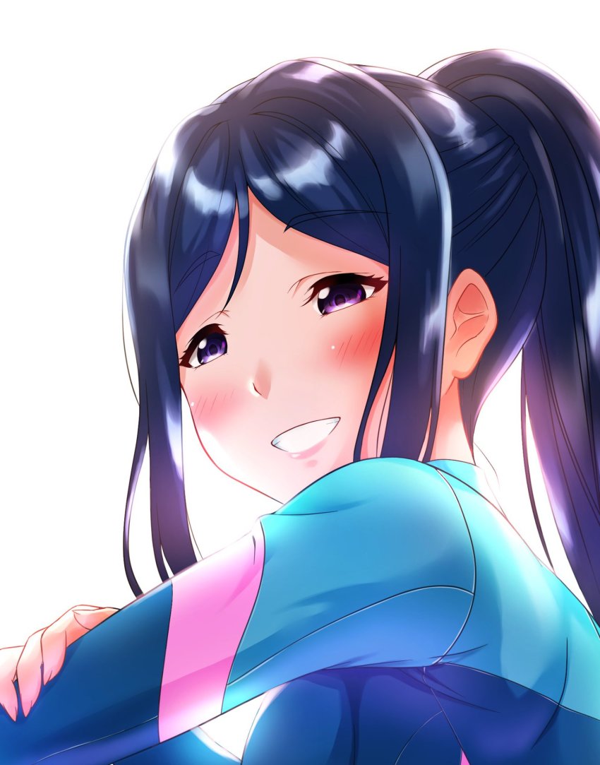 1girl, artist_name, artist_request, blue_bodysuit, blue_hair, blue_one-piece_swimsuit, blush, bodysuit