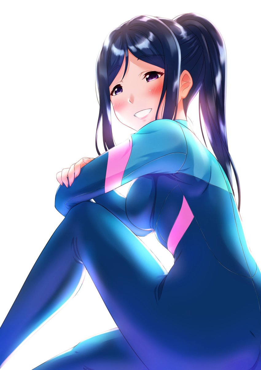 1girl, artist_name, artist_request, blue_bodysuit, blue_hair, blush, bodysuit, breasts