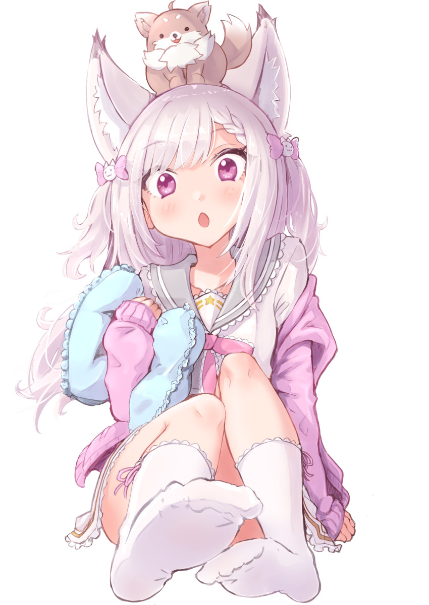 1girl, :o, absurdres, animal, animal_ear_fluff, animal_ears, animal_on_head, braid