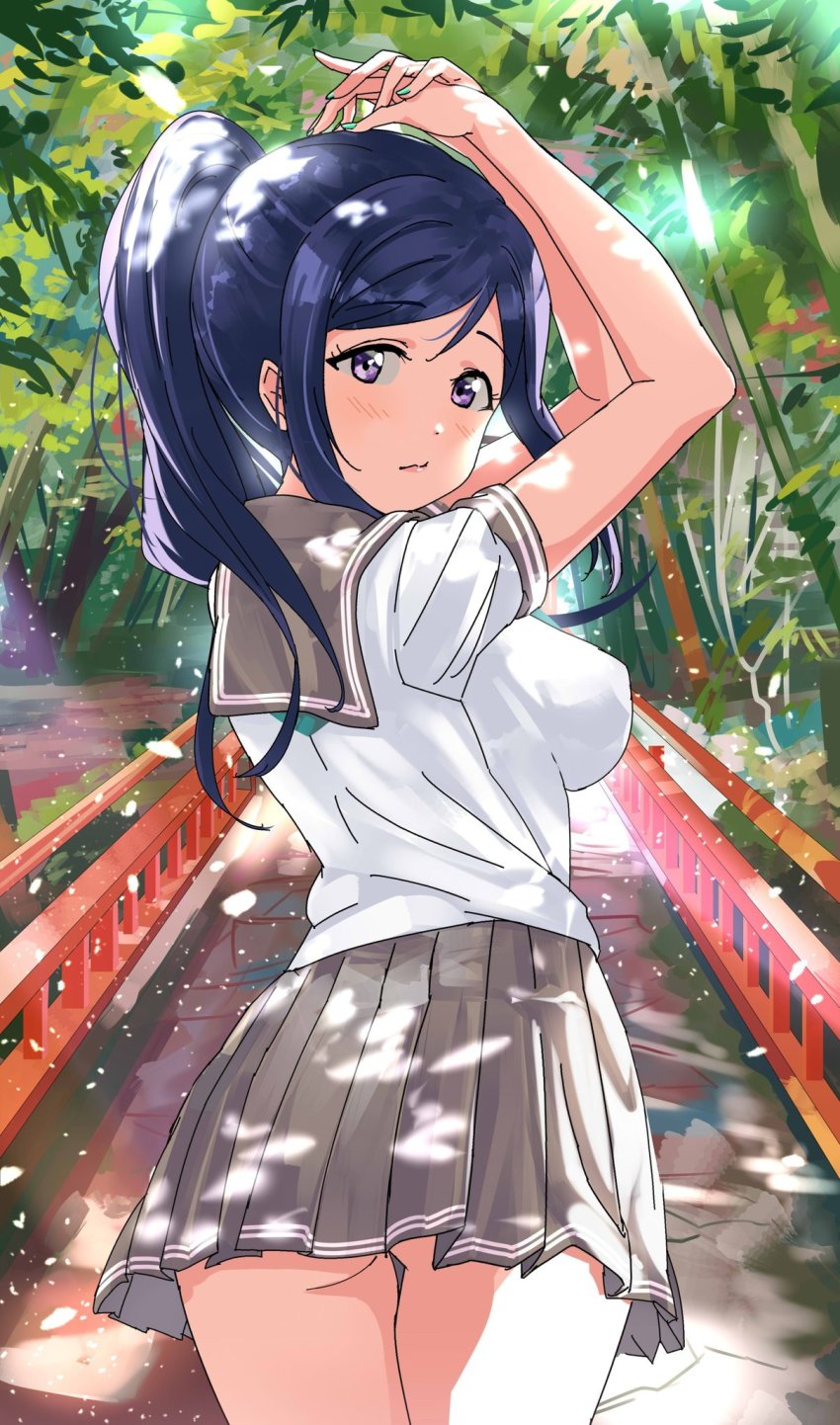 1girl, artist_name, artist_request, bare_legs, blue_hair, blush, breasts, bun_(m342220), bunbun_(midukikome), buttons, female_focus, green_nails, green_neckerchief, grey_sailor_collar, grey_skirt, hair_between_eyes, high_ponytail, highres, long_hair, looking_at_viewer, looking_back, love_live!, love_live!_sunshine!!, matsuura_kanan, medium_breasts, miniskirt, nail_(hardware), nail_polish, neckerchief, parted_lips, plaid_clothes, plaid_skirt, pleated_skirt, ponytail, purple_eyes, sailor_collar, school_uniform, shirt, skirt, smile, solo, tree, uranohoshi_school_uniform, white_shirt