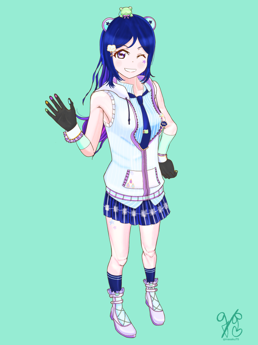 1girl, ;), absurdres, alternate_hairstyle, animal_ears, animal_print, aqua_background, aqua_shirt, artist_name, artist_request, badge, bare_legs, bare_shoulders, black_gloves, blue_hair, blue_necktie, blue_skirt, blue_socks, blush, breasts, cloud_hair_ornament, cloud_print, collarbone, collared_shirt, cross-laced_footwear, drawstring, facial_mark, female_focus, frilled_wrist_cuffs, frills, frog_print, full_body, gloves, hair_between_eyes, hair_ornament, hand_on_own_hip, hand_wave, high_heels, highres, hood, hooded_jacket, hoodie, inasaku75, inasaku_yuza, jacket, layered_skirt, leg_tattoo, long_hair, looking_at_viewer, love_live!, love_live!_school_idol_festival, love_live!_school_idol_festival_all_stars, love_live!_sunshine!!, matsuura_kanan, medium_breasts, miniskirt, multicolored_hair, necktie, one_eye_closed, parted_lips, plaid_clothes, plaid_skirt, pleated, pleated_skirt, purple_eyes, rain-drops_(love_live!), raindrop_print, shirt, shoes, skirt, smile, socks, solo, star_(symbol), star_print, star_tattoo, striped_clothes, striped_shirt, striped_skirt, tattoo, teeth, thunder_hair_ornament, tie_clip, umbrella, vertical-striped_clothes, vertical-striped_shirt, vertical-striped_skirt, white_hoodie, white_jacket, white_shoes, white_wrist_cuffs, wing_collar, wink, wrist_cuffs, zipper, zipper_pull_tab