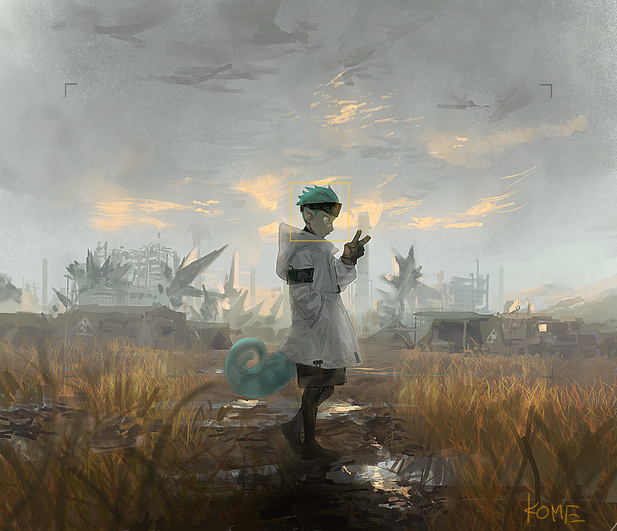 1boy, aqua_hair, arknights, bad_id, bad_pixiv_id, chameleon_tail, cloud, cloudy_sky, coat, colored_sclera, destruction, ethan_(arknights), ethan_(infiltrator)_(arknights), frischenq, furry, furry_male, gloves, grasslands, grey_sclera, lizard_tail, lizardman, looking_at_viewer, looking_to_the_side, male_focus, nose_tape, originium_(arknights), outdoors, oversized_zipper, rubber_gloves, ruins, sky, tail, v, white_coat, zipper