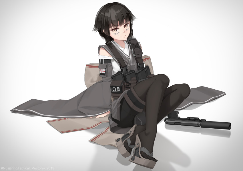 1girl, absurdres, black_hair, black_pantyhose, brown_eyes, closed_mouth, clothing_cutout, crossed_ankles, dress, emblem, facial_mark, grey_background, grey_dress, grey_sandals, gun, handgun, harness, high_heel_sandals, high_heels, highres, kenjuu_kiri, long_sleeves, looking_at_viewer, magazine_(weapon), original, pantyhose, platform_clogs, platform_mules, sandals, shadow, short_dress, shoulder_cutout, sitting, smile, solo, suppressor, thigh_strap, vectorek, weapon, wide_sleeves