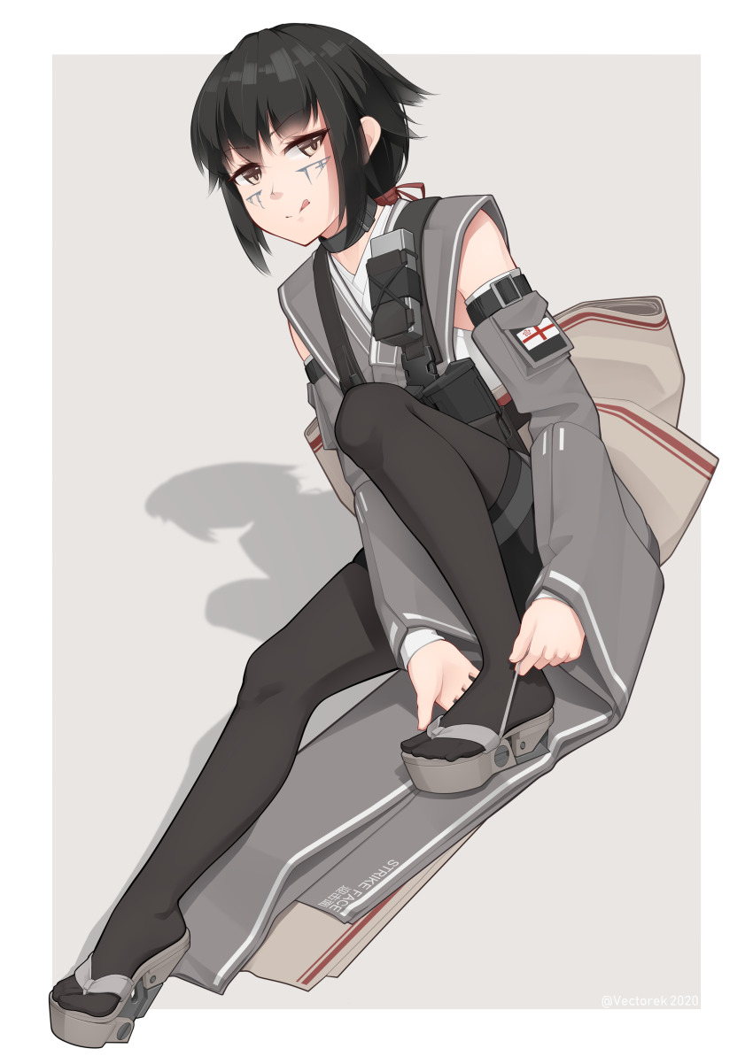 1girl, :q, absurdres, adjusting_footwear, back_bow, bad_id, bad_pixiv_id, black_bow, black_choker, black_pantyhose, border, bow, brown_eyes, brown_hair, choker, clothing_cutout, dress, english_text, facial_mark, grey_background, grey_bow, grey_dress, grey_sandals, high_heel_sandals, high_heels, highres, kenjuu_kiri, long_hair, long_sleeves, looking_at_viewer, low_ponytail, magazine_(weapon), original, outside_border, pantyhose, platform_clogs, platform_mules, ponytail, sandals, shadow, short_dress, shoulder_cutout, sitting, solo, thigh_strap, tongue, tongue_out, twitter_username, vectorek, white_border, wide_sleeves