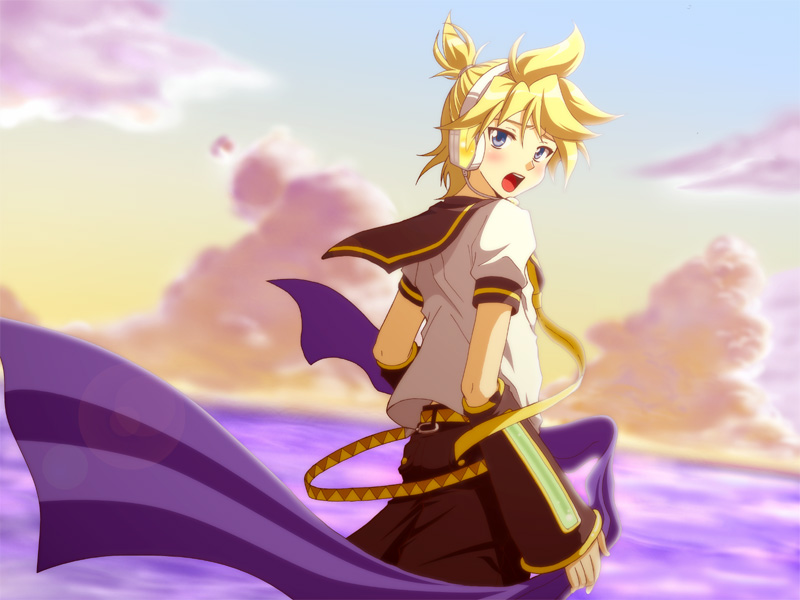1boy, aida_ayako, bad_id, bad_pixiv_id, blonde_hair, blue_eyes, blush, headphones, headset, kagamine_len, looking_back, male_focus, open_mouth, outdoors, scarf, short_hair, shorts, sky, solo, vocaloid