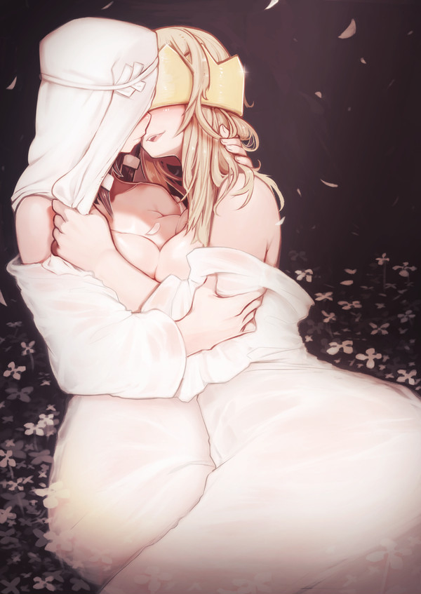 2girls, arrow_(en'en_no_shouboutai), black_hair, blonde_hair, breast_press, breasts, breasts_out, crown