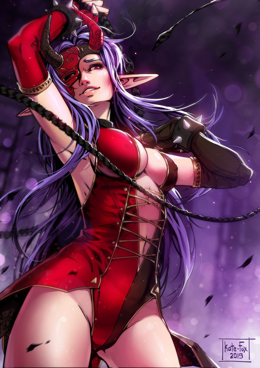 1girl, arm_up, armpits, asymmetrical_gloves, asymmetrical_horns, black_gloves, black_horns, black_leotard