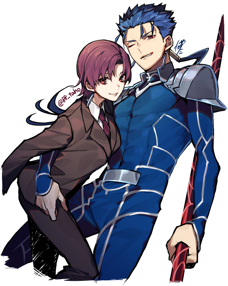 1boy, 1girl, arm_around_another's_waist, armor, bazett_fraga_mcremitz, beads, blue_hair, bodysuit, brown_hair, collared_shirt, cu_chulainn_(fate), cu_chulainn_(fate/stay_night), cu_chulainn_(lancer)_(fate), earrings, fate/hollow_ataraxia, fate_(series), floating_hair, formal_clothes, gae_bolg_(fate), grin, hair_beads, hair_ornament, holding, holding_polearm, holding_weapon, jacket, jewelry, long_hair, long_sleeves, looking_at_viewer, muscular, muscular_male, necktie, one_eye_closed, pants, pauldrons, polearm, ponytail, purple_hair, red_eyes, shirt, short_hair, shoulder_armor, simple_background, skin_tight, smile, spiked_hair, suit, teita_(88_taho), twitter_username, weapon, white_background