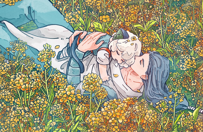 2boys, age_difference, child, closed_eyes, feet_out_of_frame, flower, grey_hair, highres, leaf, long_hair, luo_xiaohei, luo_xiaohei_(human), luo_xiaohei_zhanji, lying, multiple_boys, on_back, otjmohu, plant, saliva, short_hair, short_sleeves, sleeping, white_hair, wuxian_(the_legend_of_luo_xiaohei), yellow_flower