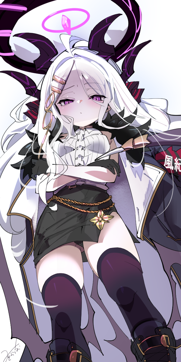 1girl, ahoge, bare_shoulders, black_coat, black_gloves, black_legwear, black_panties, black_skirt, blue_archive, boots, breasts, closed_mouth, coat, coat_on_shoulders, crossed_arms, forehead, from_below, fur_trim, gloves, gluteal_fold, hair_ornament, hairclip, halo, highres, hina_(blue_archive), horns, long_hair, looking_at_viewer, looking_down, military, military_uniform, miniskirt, mknnkm2, panties, pantyshot, parted_bangs, pencil_skirt, purple_eyes, raised_eyebrow, ribbed_shirt, shirt, side_slit, skirt, sleeveless, sleeveless_shirt, small_breasts, solo, standing, thighs, underwear, white_hair, white_shirt