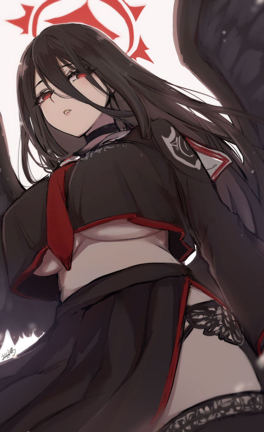 1girl, absurdres, black_choker, black_hair, black_panties, black_serafuku, black_skirt, black_thighhighs