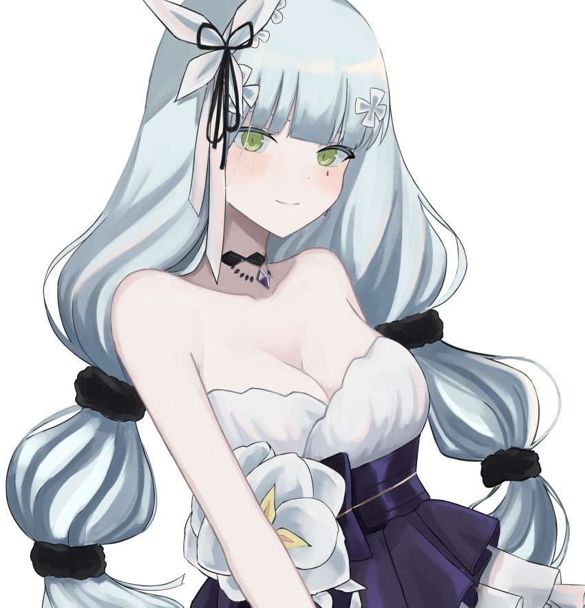 1girl, a_iri_a, bad_id, bad_pixiv_id, bare_shoulders, blue_hair, blush, breasts, cleavage, closed_mouth, dress, dress_flower, flower, girls'_frontline, green_eyes, hair_ribbon, highres, hk416_(girls'_frontline), hk416_(starry_cocoon)_(girls'_frontline), jewelry, long_hair, looking_at_viewer, medium_breasts, necklace, official_alternate_costume, ribbon, smile, solo_focus, white_background, white_dress