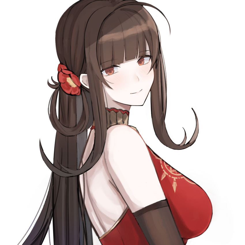 1girl, a_iri_a, back, bad_id, bad_pixiv_id, black_gloves, breasts, brown_eyes, brown_hair, china_dress, chinese_clothes, closed_mouth, dress, dsr-50_(girls'_frontline), dsr-50_(red_peony)_(girls'_frontline), elbow_gloves, flower, girls'_frontline, gloves, hair_flower, hair_ornament, highres, long_hair, looking_at_viewer, official_alternate_costume, red_dress, smile, solo_focus, white_background