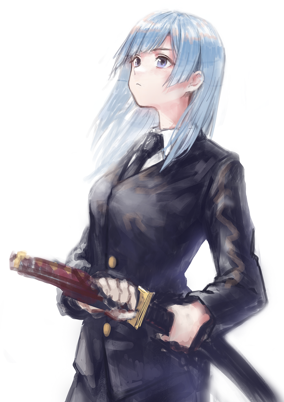 1girl, asymmetrical_bangs, black_necktie, black_pants, black_suit, blue_eyes, blue_hair, breasts, closed_mouth, collared_shirt, commentary, cowboy_shot, dress_shirt, formal_clothes, hand_on_hilt, highres, jujutsu_kaisen, katana, level9kaito, light_blue_hair, long_hair, long_sleeves, looking_up, medium_breasts, miwa_kasumi, necktie, pants, scabbard, sheath, sheathed, shirt, simple_background, solo, straight_hair, suit, sword, traditional_media, weapon, white_background, white_shirt, wing_collar