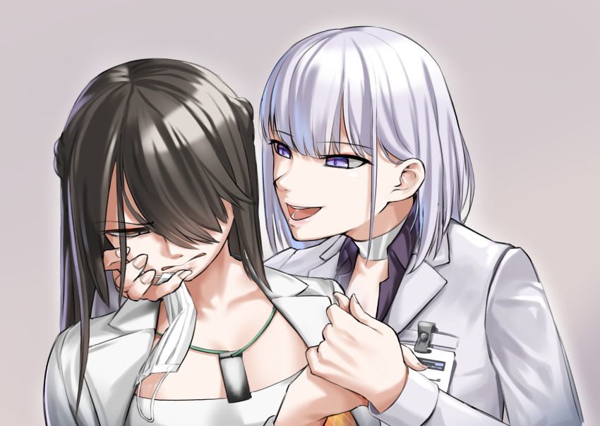 2girls, absurdres, blazer, brown_eyes, brown_hair, fingernails, girls'_frontline, hand_on_own_face