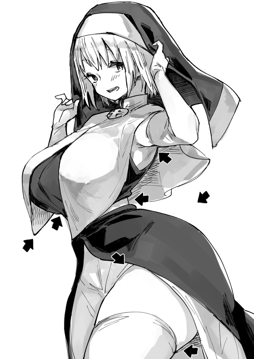 1girl, armpits, arrow_(symbol), blush, breasts, curvy, elbow_gloves, en'en_no_shouboutai, gloves, habit, highres, inui_achu, iris_(enen_no_shouboutai), large_breasts, monochrome, nun, short_hair, smile, solo, thick_thighs, thighhighs, thighs, veil, white_background, wide_hips