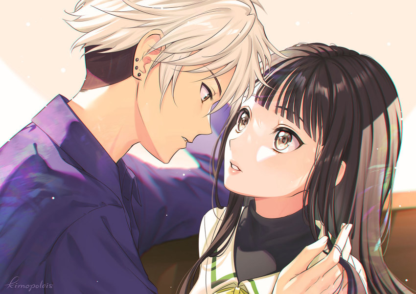 1boy, 1girl, artist_name, black_hair, brown_eyes, brown_hair, commentary, couple