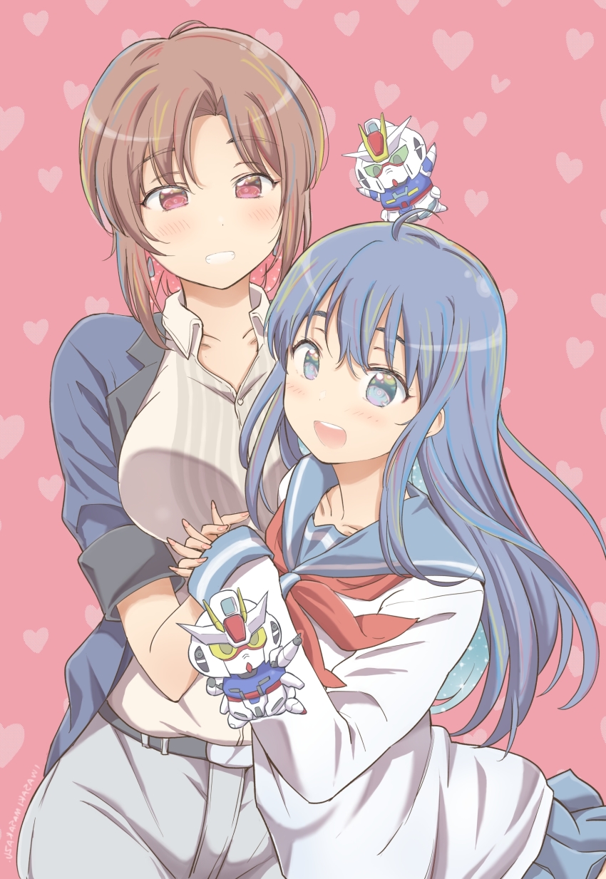 2girls, absurdres, belt, black_belt, blazer, blue_eyes, blue_hair, blue_skirt