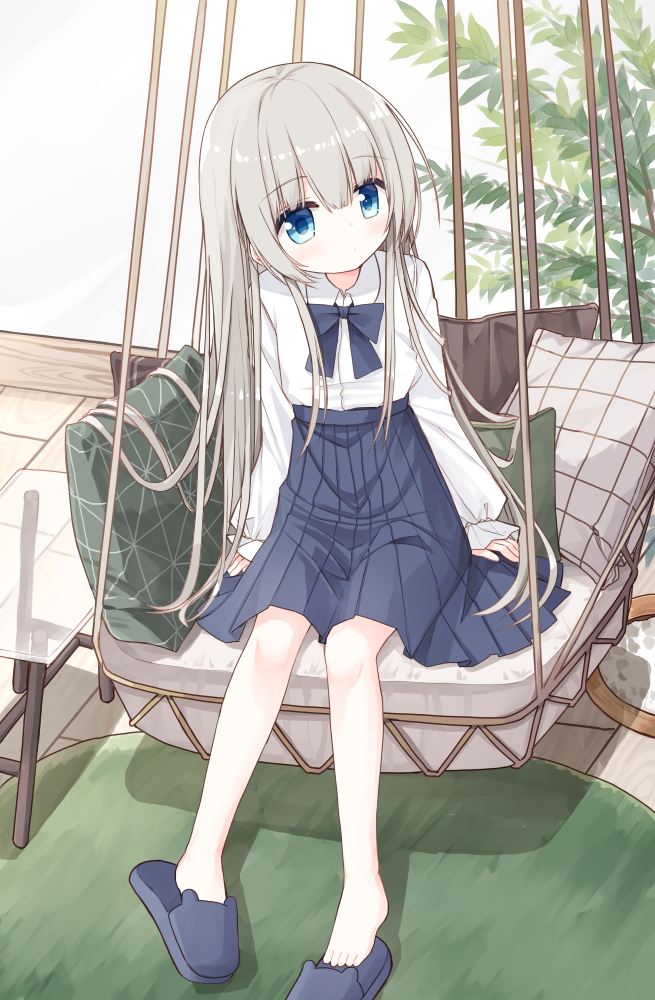 1girl, blue_bow, blue_eyes, blue_skirt, blue_slippers, blush, bow, closed_mouth