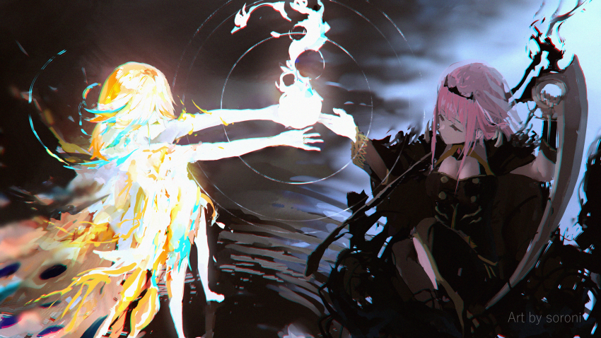 absurdres, artist_name, barefoot, black_dress, blunt_bangs, breasts, cleavage, closed_eyes, commentary, crossed_legs, detached_sleeves, dress, english_commentary, facing_down, fire, floating, from_above, glowing, green_hair, hair_behind_ear, highres, holding, holding_scythe, hololive, hololive_english, huge_filesize, large_breasts, liquid_clothes, mori_calliope, multicolored_hair, open_hand, open_hands, orange_dress, pink_hair, red_eyes, ripples, scythe, see-through_clothes, see-through_sleeves, single_detached_sleeve, single_thighhigh, sitting, sorrowny, standing, takanashi_kiara, thighhighs, tiara, veil, virtual_youtuber, water