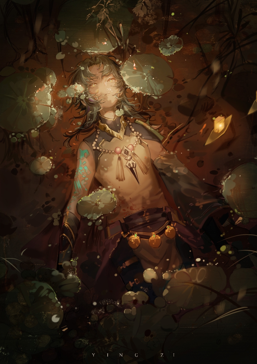 1boy, ahoge, air_bubble, arm_guards, arm_tattoo, bare_shoulders, bead_necklace, beads