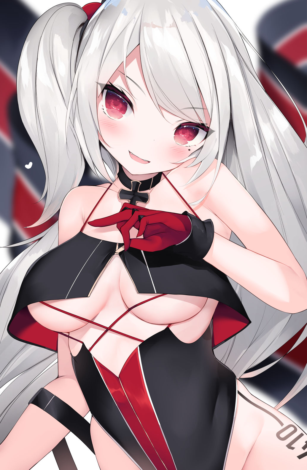 1girl, :d, azur_lane, bare_shoulders, black_collar, black_one-piece_swimsuit, blurry, blurry_background