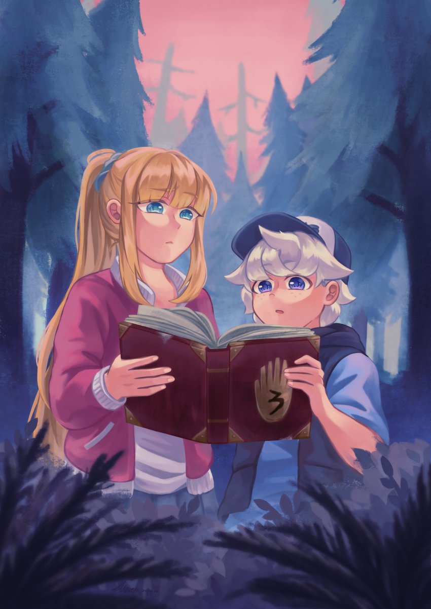 1boy, 1girl, absurdres, baseball_cap, blonde_hair, blue_eyes, book, fictional_persona