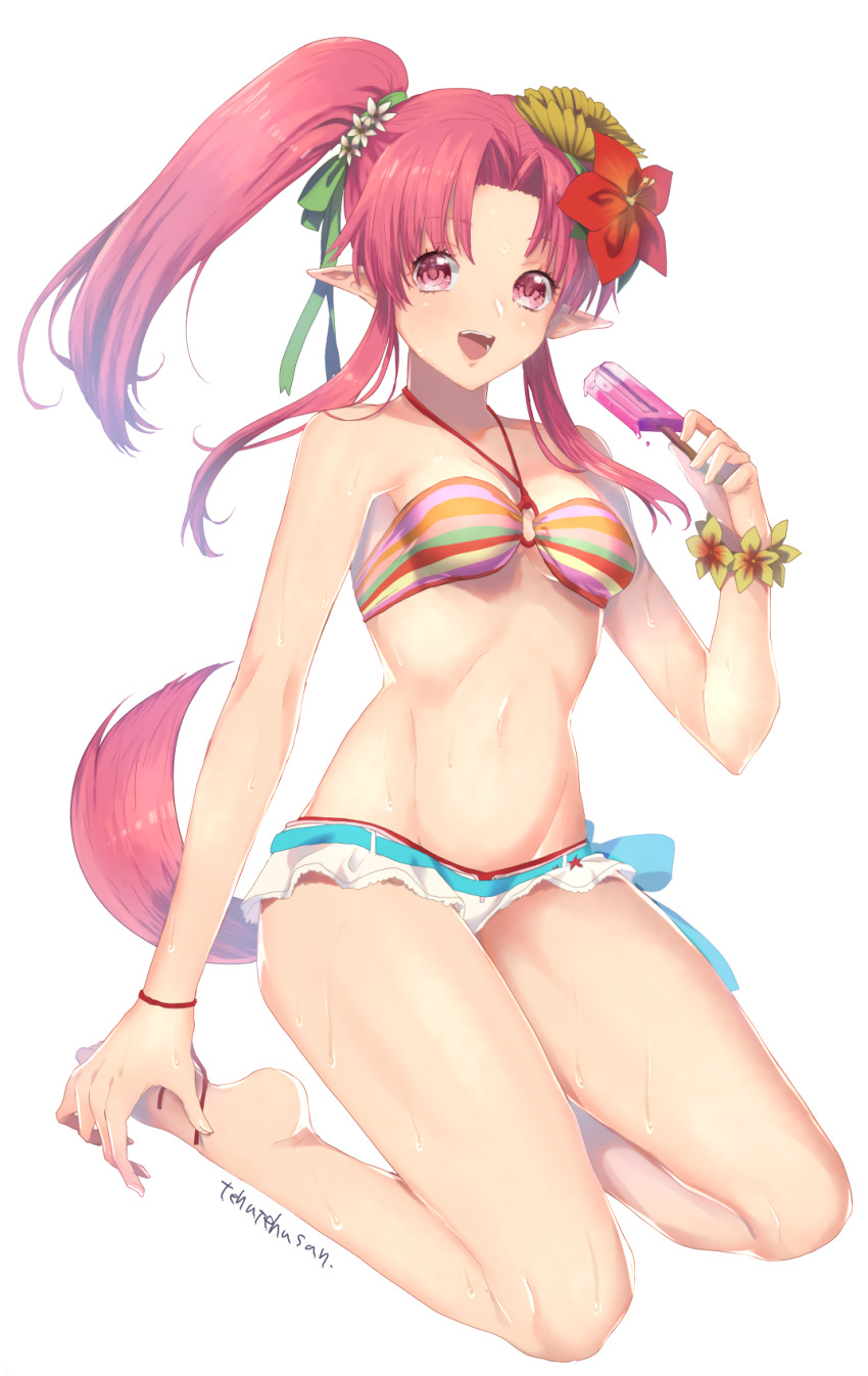 1girl, bikini, breasts, frilled_bikini, frills, hair_ribbon, halterneck, highres, long_hair, looking_at_viewer, millie_chliette, mismatched_bikini, multicolored_bikini, murata_tefu, open_mouth, pink_eyes, pink_hair, pointy_ears, ponytail, ribbon, simple_background, smile, solo, star_ocean, star_ocean:_anamnesis, star_ocean:_first_departure, striped_bikini, striped_clothes, swimsuit, tail, thighs, white_background
