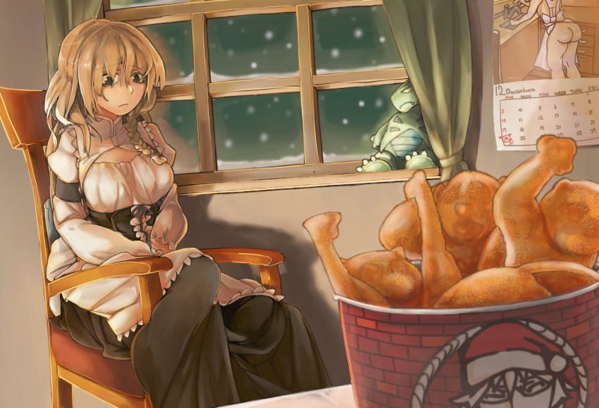 1girl, apron, ass, black_skirt, blonde_hair, blouse, braid, breasts, brown_hair, calendar_(object), character_doll, christmas, cleavage_cutout, closed_mouth, clothing_cutout, commentary, cookie_(touhou), corset, curtains, doll, dutch_angle, feet_out_of_frame, fried_food, frilled_apron, frills, gen_2_pokemon, glasses, hat, highres, indoors, inmu-kun, juliet_sleeves, kfc, kirisame_marisa, large_breasts, lonely, long_hair, long_skirt, long_sleeves, manatsu_no_yo_no_inmu, mars_(cookie), matsumaezuke_(nicoseiga53553856), morichika_rinnosuke, naked_apron, nintendo, pokemon, pokemon_(creature), puffy_sleeves, remilia_scarlet, sakura_(cookie), santa_hat, shirt, single_braid, sitting, skirt, slow_loris, snow, snowing, solo, sponge_(cookie), stuffed_animal, stuffed_toy, touhou, tyranitar, waist_apron, white_apron, white_shirt, window