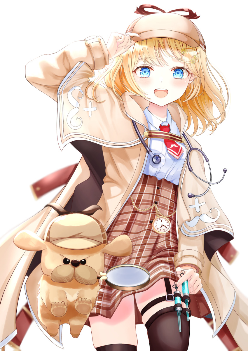 1girl, :d, beige_capelet, beige_coat, blonde_hair, blue_eyes, blurry, blush