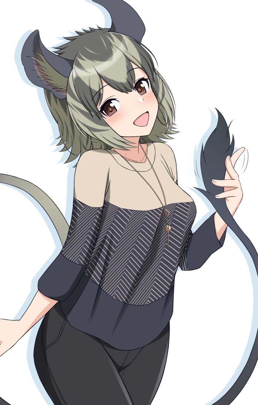 1girl, alternate_costume, animal_ear_fluff, animal_ears, arm_at_side, bad_id, bad_twitter_id, blouse, brown_eyes, casual, contemporary, degu_(kemono_friends), green_hair, hand_up, head_tilt, highres, jewelry, kemono_friends, long_sleeves, looking_at_viewer, medium_hair, morimasakazu, multicolored_hair, open_mouth, pants, parted_bangs, pendant, shirt, smile, solo, tail