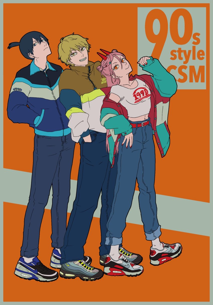 1990s_(style), 1girl, 2boys, adam's_apple, air_max_90, air_max_95, alternate_costume, alternate_hairstyle
