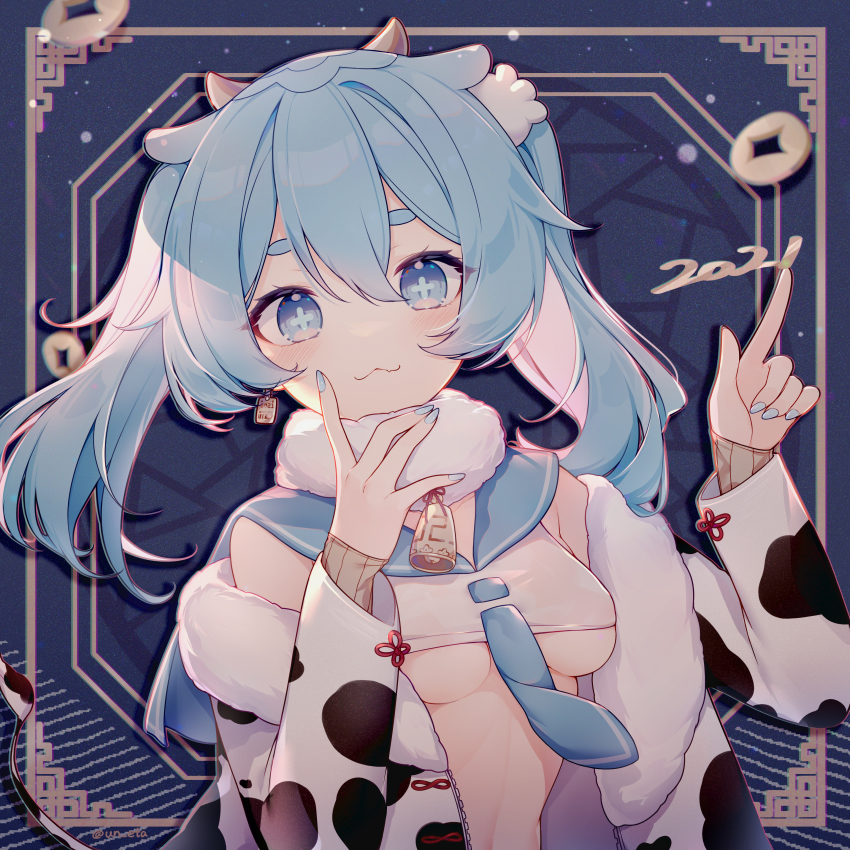 +_+, 1girl, 2021, absurdres, animal_ears, animal_print, bell, blue_eyes
