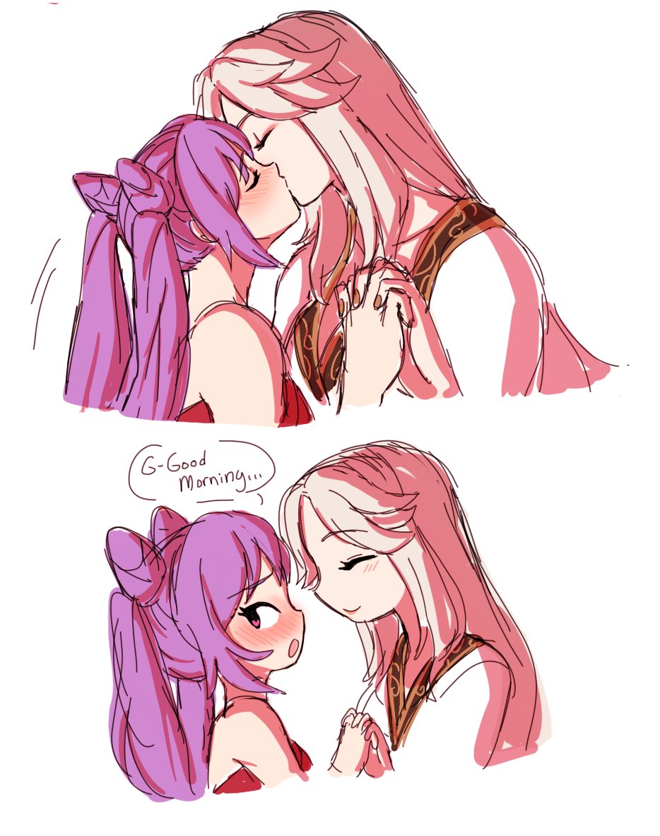 ..., 2girls, blush, closed_eyes, dashingicecream, embarrassed, english_text, eyebrows