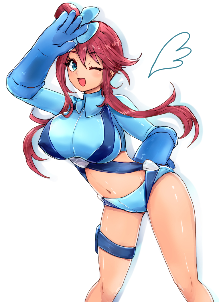 1girl, ;d, aqua_eyes, blue_gloves, blue_shirt, blue_shorts, breasts, chemaru_(a8l)