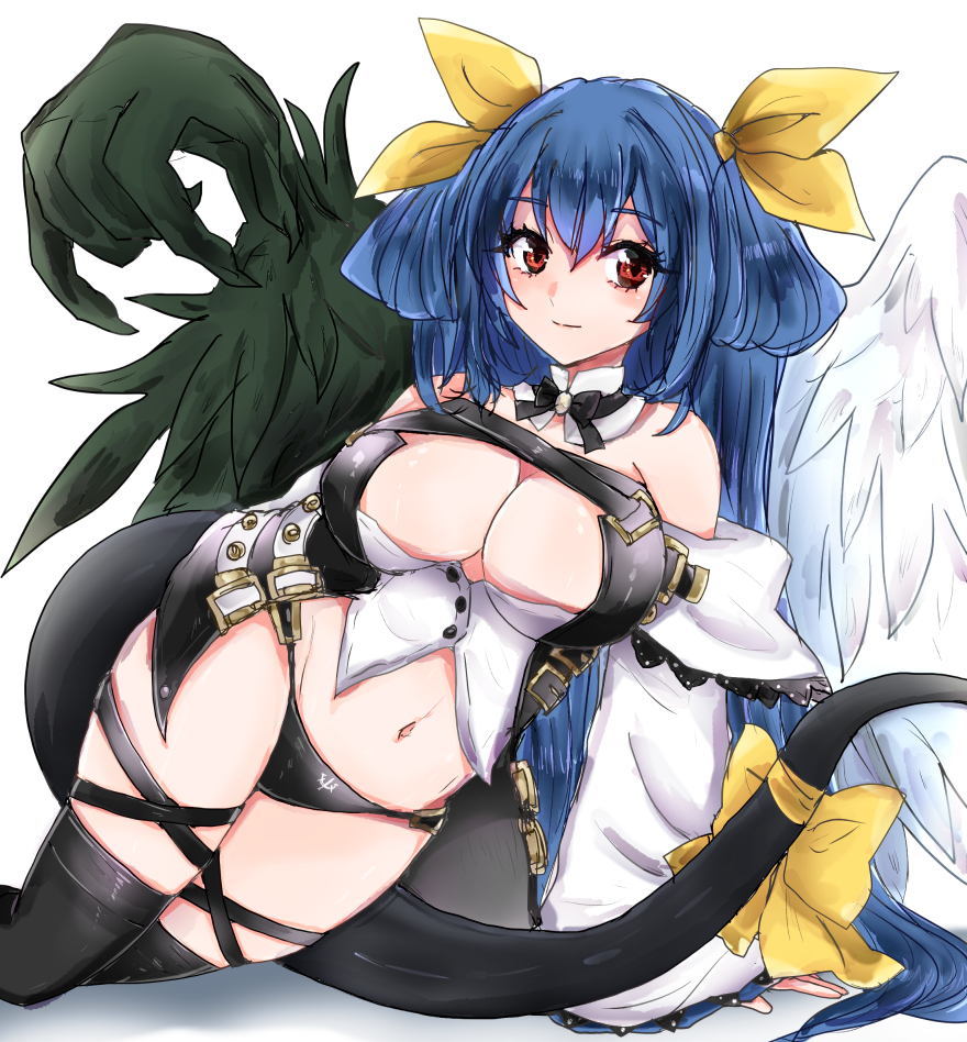 1girl, arm_support, asymmetrical_wings, black_bow, black_panties, black_thighhighs, blue_hair, bow