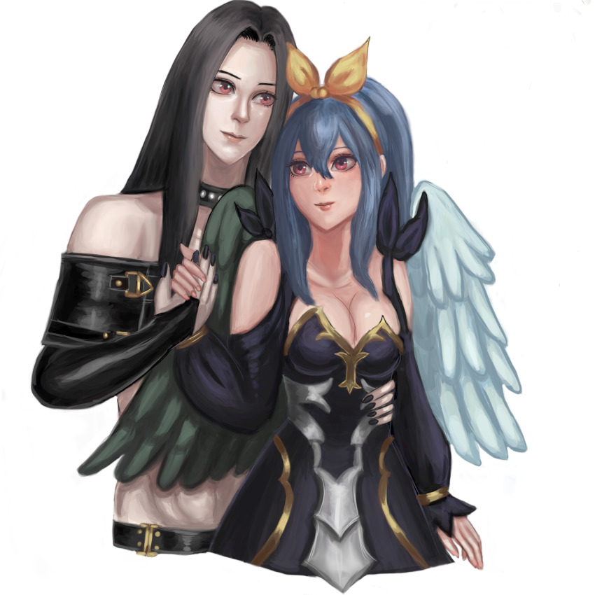 1girl, absurdres, androgynous, asymmetrical_wings, bare_shoulders, black_hair, blue_hair, dizzy_(guilty_gear)