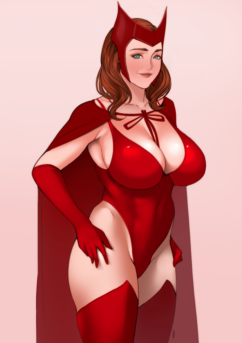 1girl, absurdres, animification, avengers_(series), blue_eyes, breasts, brown_hair, cape, cowboy_shot, elbow_gloves, gloves, hands_on_own_hips, highleg, highleg_leotard, highres, jnsdh, large_breasts, leotard, light_smile, lips, marvel, mature_female, medium_hair, pink_background, red_gloves, red_leotard, red_thighhighs, scarlet_witch, smile, solo, thighhighs, wandavision