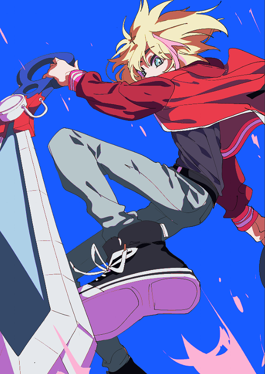 1girl, blue_background, choker, cross, cross_choker, ferris_wheel, hamha_s, jacket