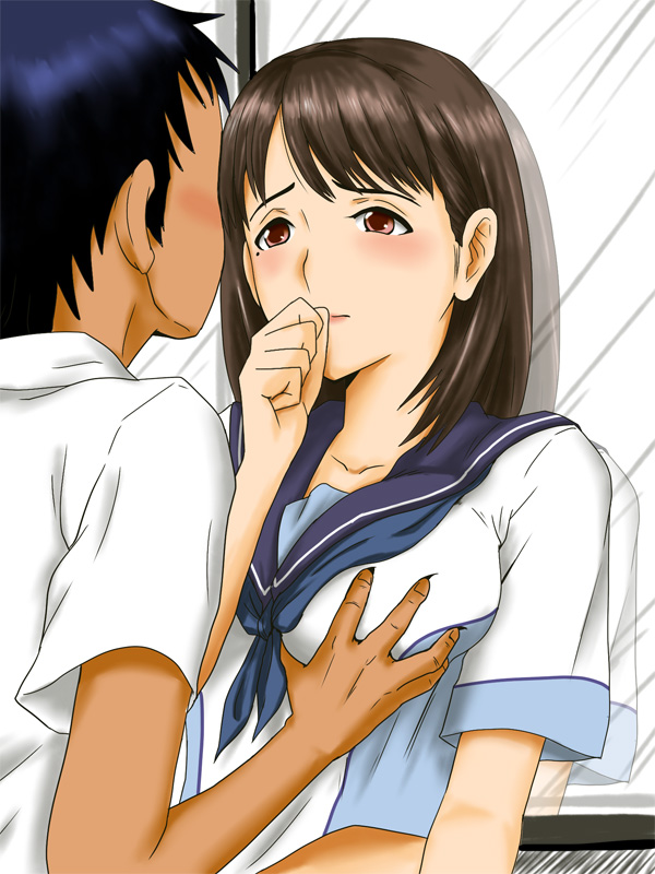 1girl, 7001, anegasaki_nene, blush, breasts, brown_hair, grabbing_another's_breast, groping, large_breasts, love_plus, mole, mole_under_eye, red_eyes, school_uniform, serafuku, short_hair