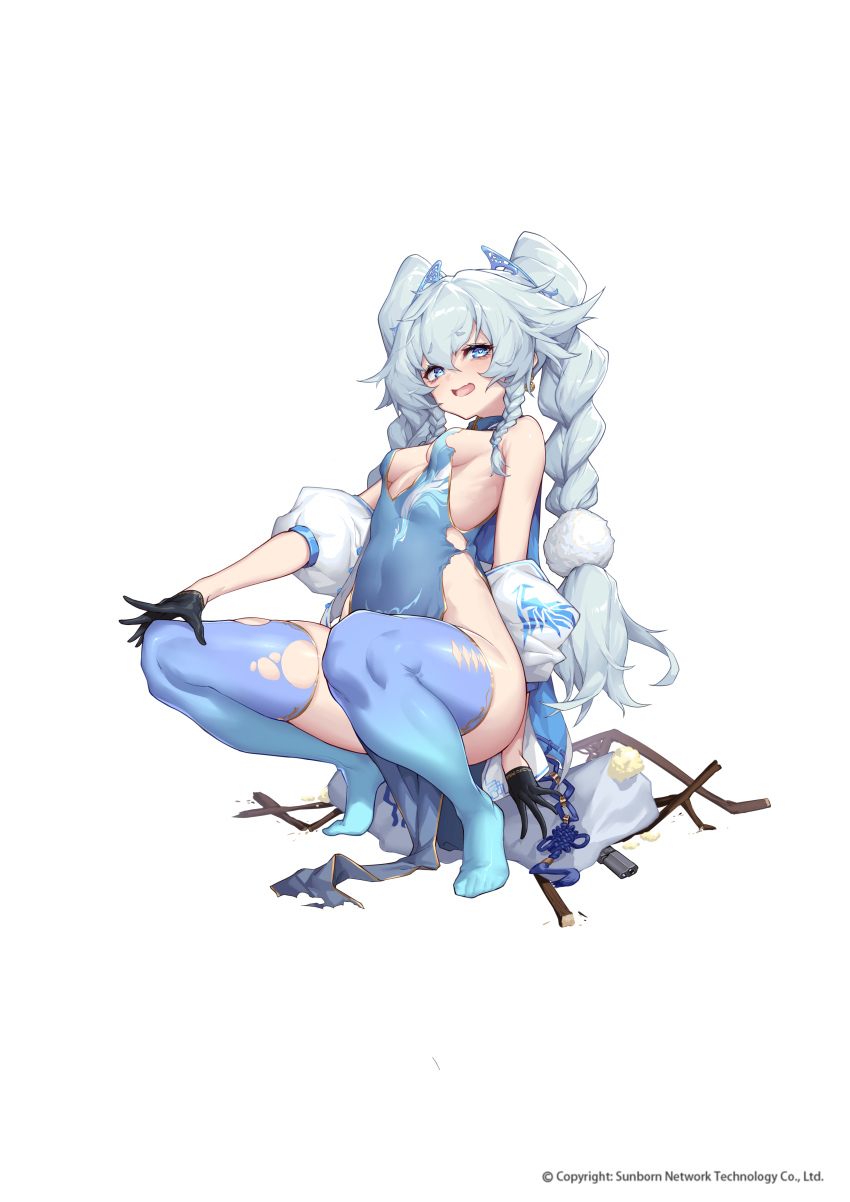 1girl, absurdres, bare_shoulders, black_gloves, blue_dress, blue_eyes, blue_hair, blue_thighhighs