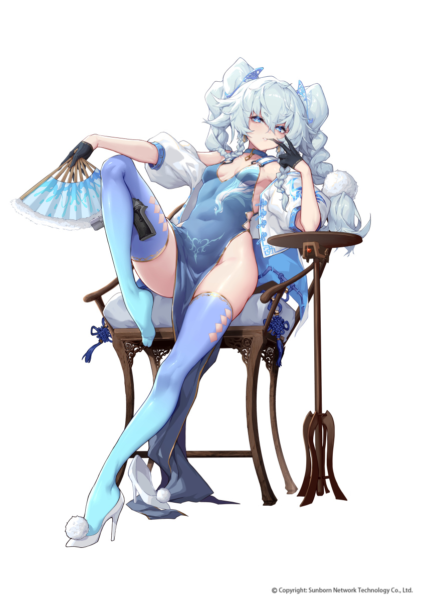 1girl, absurdres, black_gloves, blue_dress, blue_eyes, blue_hair, blue_thighhighs, braid