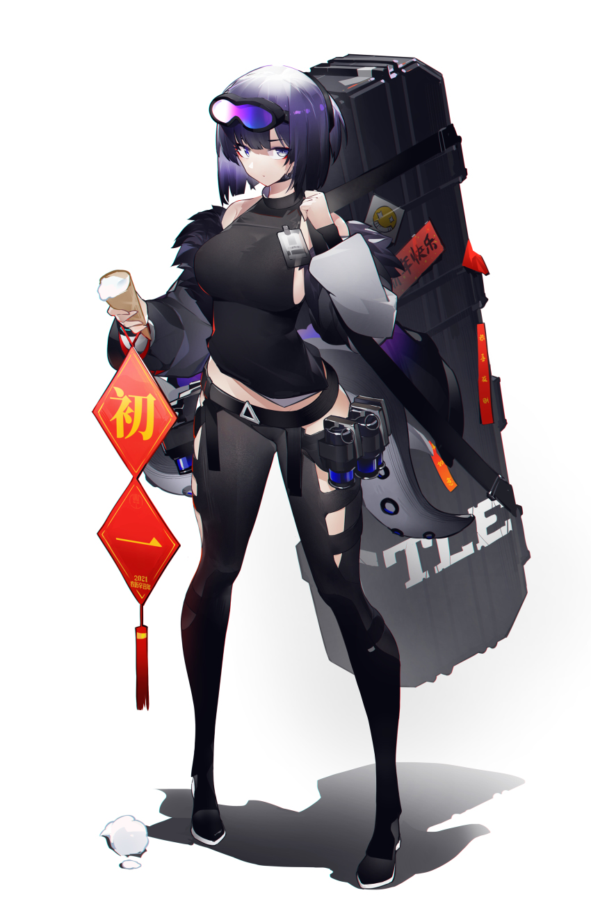 1girl, absurdres, alternate_breast_size, andreana_(arknights), andreana_(elite_ii)_(arknights), arknights, bare_shoulders, black_choker, black_jacket, black_pants, black_shirt, breasts, case, chinese_new_year, choker, clothing_cutout, eyeshadow, stun_grenade, full_body, fur_trim, goggles, goggles_on_head, hand_up, highres, hip_vent, holding, ice_cream_cone, id_card, impossible_clothes, impossible_shirt, jacket, large_breasts, leggings, long_sleeves, looking_at_viewer, makeup, midriff, off_shoulder, open_clothes, open_jacket, pants, purple_eyes, purple_hair, shirt, shoes, short_hair, sideboob, simple_background, sleeveless, sleeveless_shirt, solo, standing, tail, taut_clothes, taut_shirt, tentacles, white_background, yushe_quetzalli